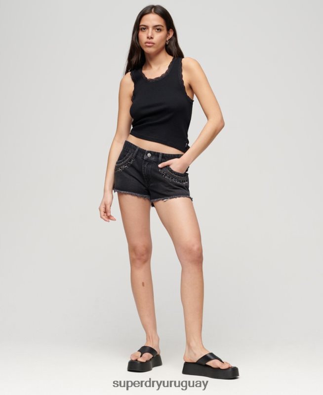 uy Superdry mujer shorts de mezclilla con detalles de strass negro DT2N8Z3112 ropa