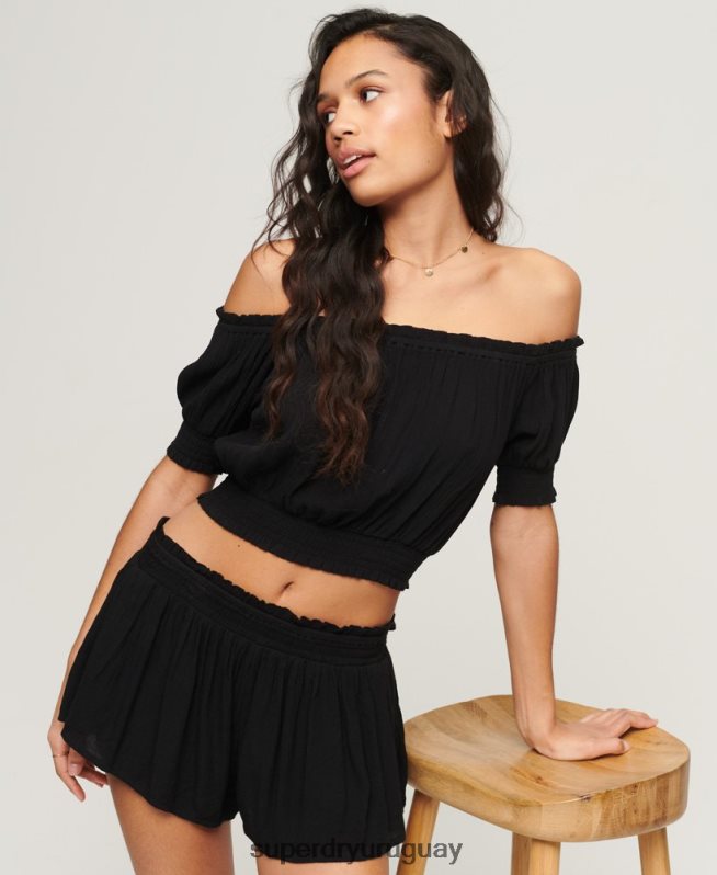 uy Superdry mujer shorts de playa fruncidos negro DT2N8Z2049 ropa