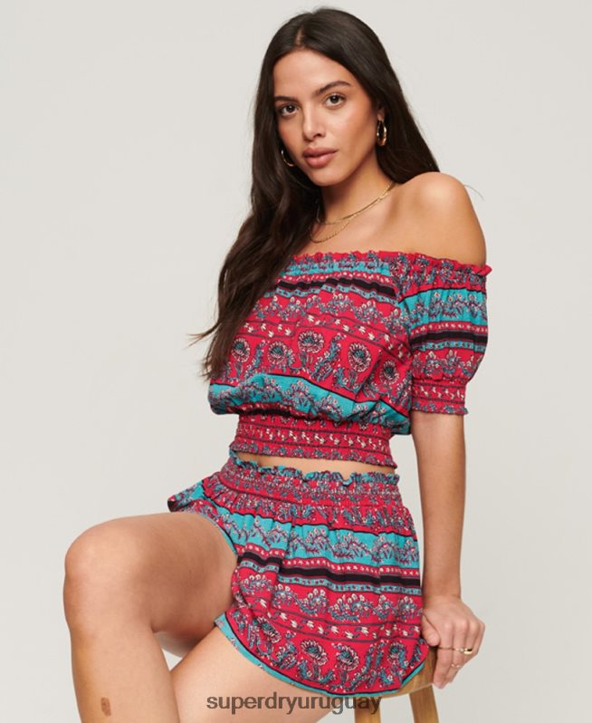 uy Superdry mujer shorts de playa fruncidos rosa DT2N8Z2076 ropa