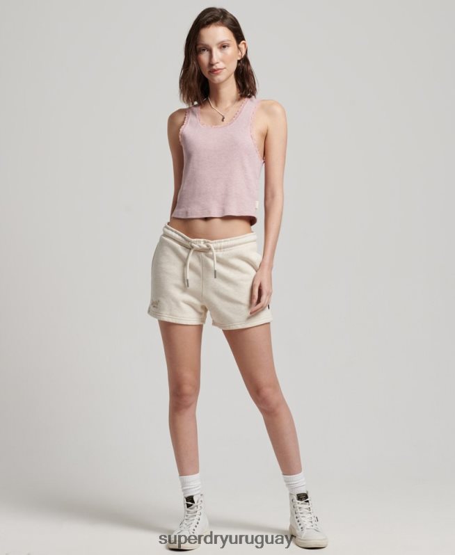 uy Superdry mujer shorts de punto con logo vintage bordado crema DT2N8Z2181 ropa