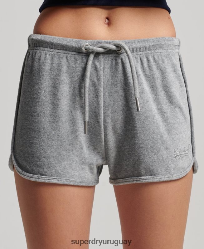 uy Superdry mujer shorts deportivos de terciopelo con logo vintage gris DT2N8Z2148 ropa