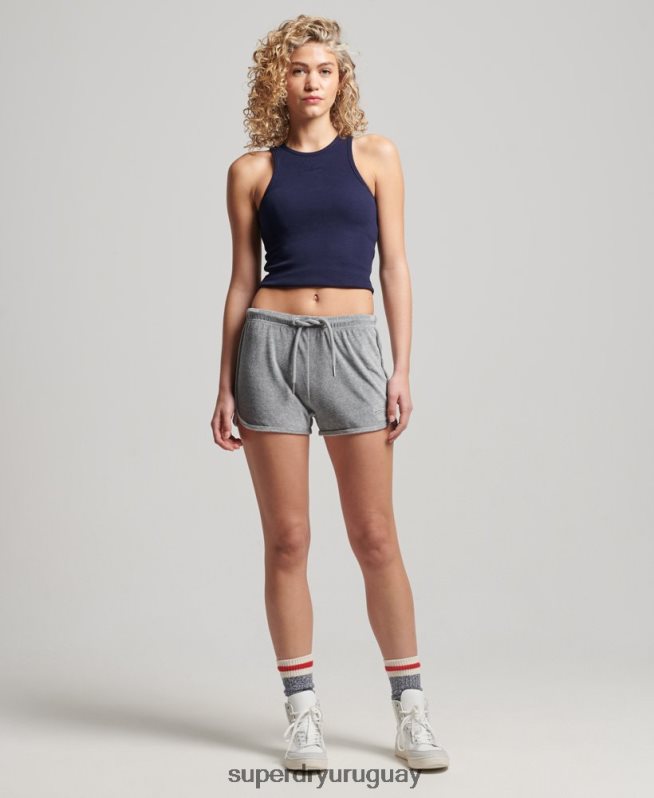 uy Superdry mujer shorts deportivos de terciopelo con logo vintage gris DT2N8Z2148 ropa