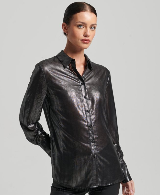 uy Superdry mujer camisa de lúrex brillante negro DT2N8Z3026 ropa