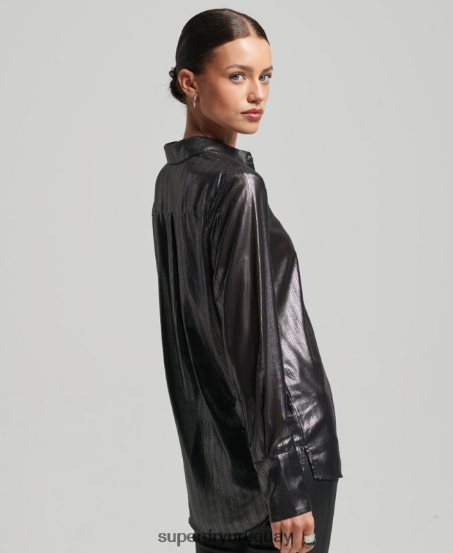 uy Superdry mujer camisa de lúrex brillante negro DT2N8Z3026 ropa