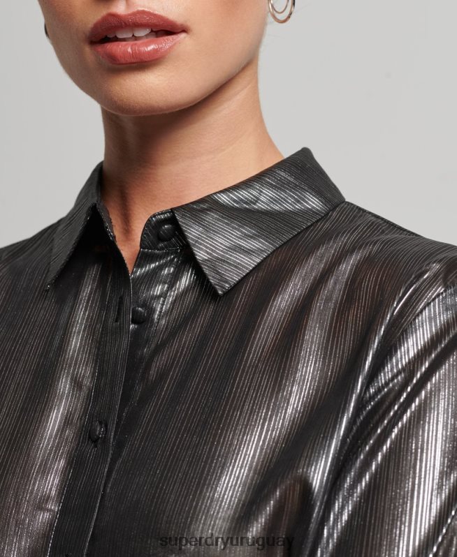 uy Superdry mujer camisa de lúrex brillante negro DT2N8Z3026 ropa