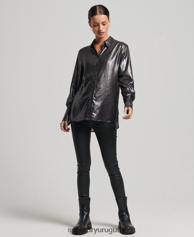 uy Superdry mujer camisa de lúrex brillante negro DT2N8Z3026 ropa