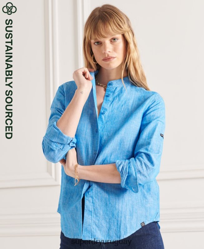 uy Superdry mujer camisa de lino studios granddad azul DT2N8Z3066 ropa