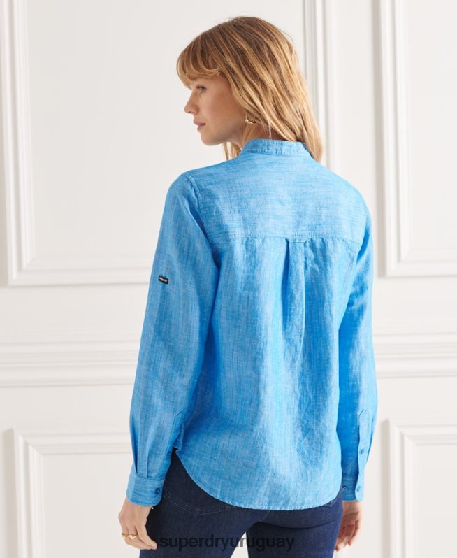 uy Superdry mujer camisa de lino studios granddad azul DT2N8Z3066 ropa