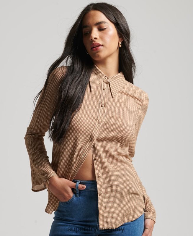 uy Superdry mujer camisa de manga larga con estampado de los años 70 marrón DT2N8Z6515 ropa