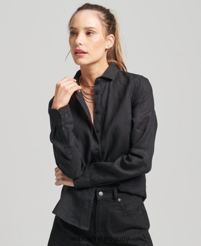 uy Superdry mujer camisa de manga larga de lino studios negro DT2N8Z6609 ropa