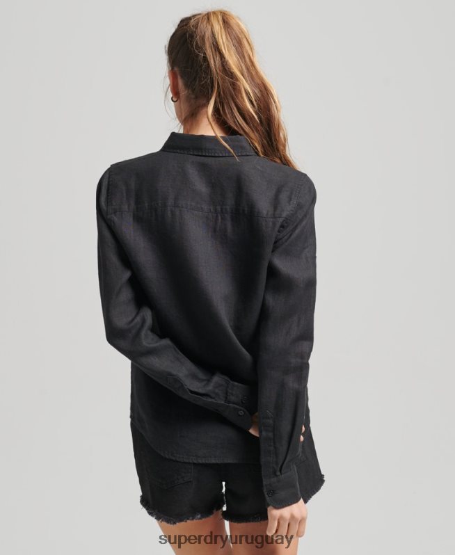 uy Superdry mujer camisa de manga larga de lino studios negro DT2N8Z6609 ropa