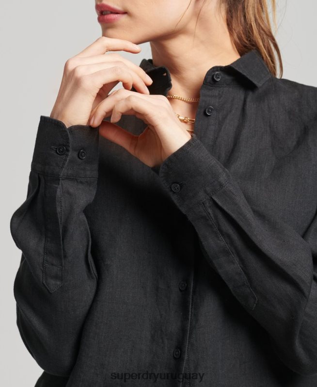 uy Superdry mujer camisa de manga larga de lino studios negro DT2N8Z6609 ropa