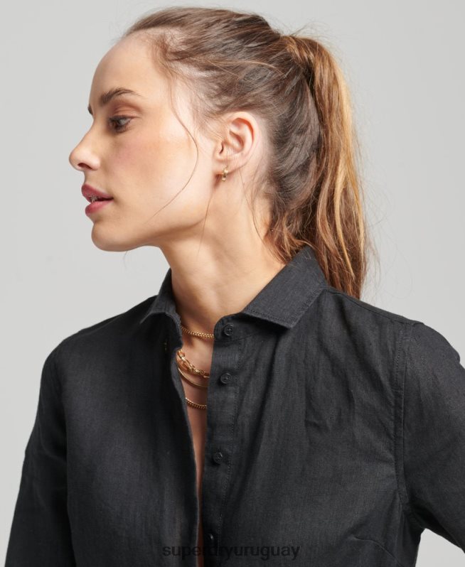 uy Superdry mujer camisa de manga larga de lino studios negro DT2N8Z6609 ropa