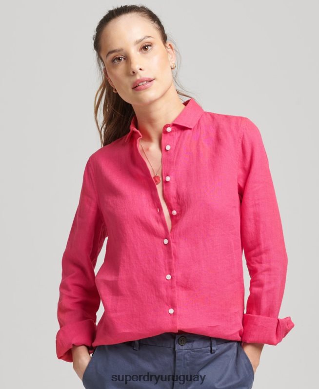 uy Superdry mujer camisa de manga larga de lino studios rosa DT2N8Z6538 ropa