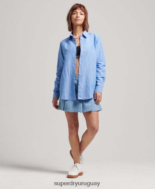 uy Superdry mujer camisa de novio de lino azul DT2N8Z6526 ropa