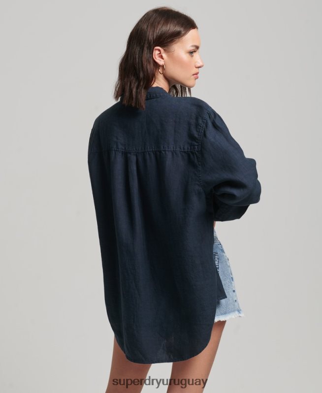 uy Superdry mujer camisa novio casual de lino Armada DT2N8Z1980 ropa