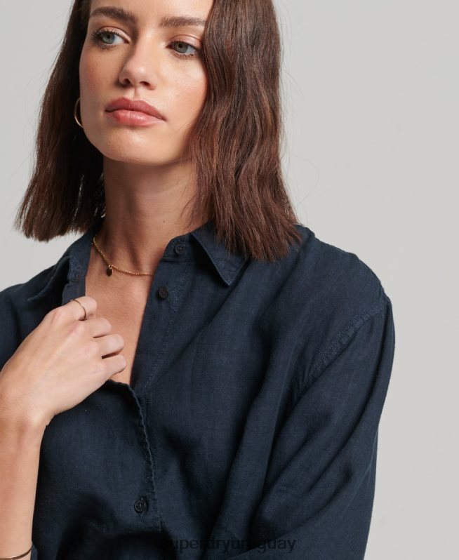 uy Superdry mujer camisa novio casual de lino Armada DT2N8Z1980 ropa