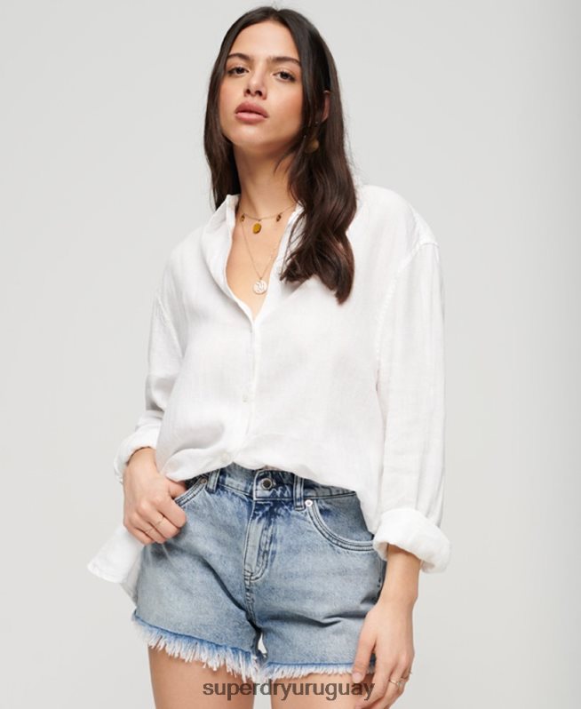 uy Superdry mujer camisa novio casual de lino blanco DT2N8Z1969 ropa