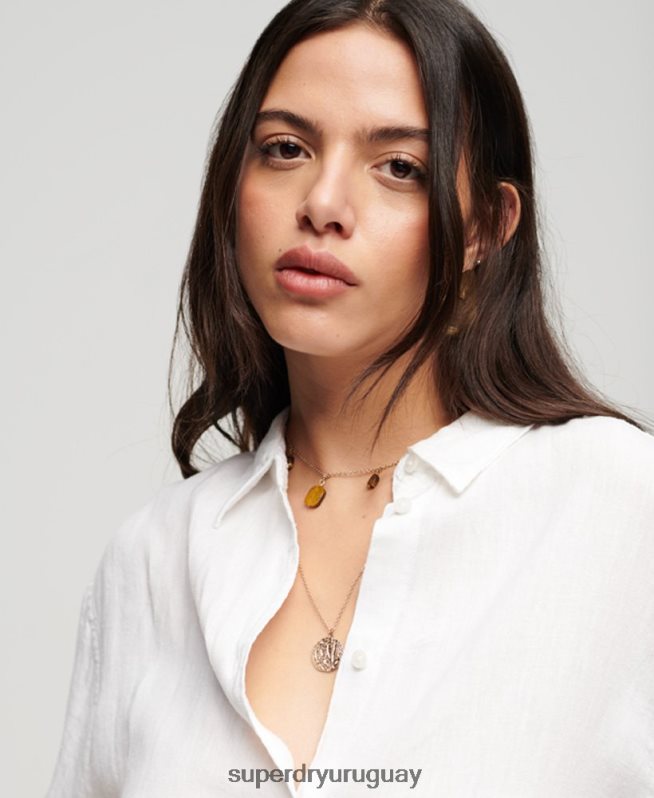 uy Superdry mujer camisa novio casual de lino blanco DT2N8Z1969 ropa
