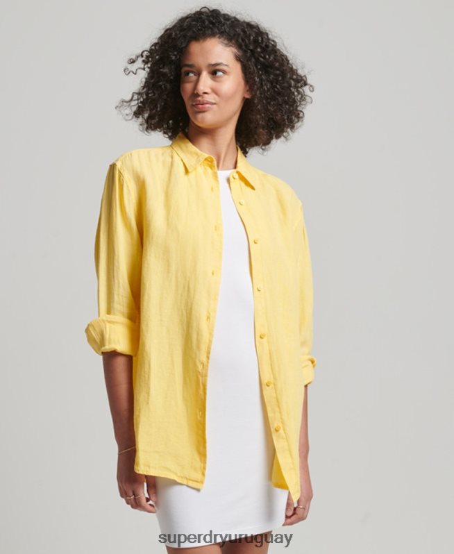 uy Superdry mujer camisa novio casual de lino naranja DT2N8Z2256 ropa