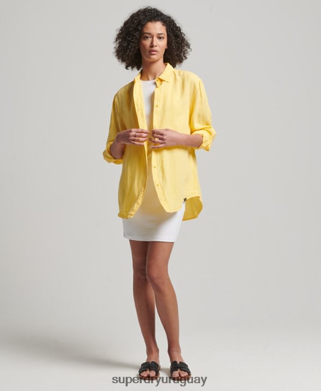 uy Superdry mujer camisa novio casual de lino naranja DT2N8Z2256 ropa