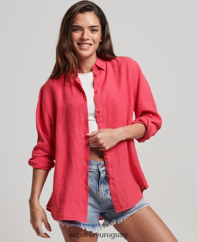uy Superdry mujer camisa novio casual de lino rosa DT2N8Z2007 ropa