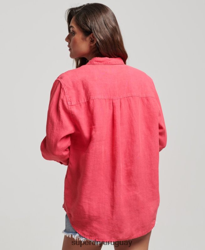 uy Superdry mujer camisa novio casual de lino rosa DT2N8Z2007 ropa