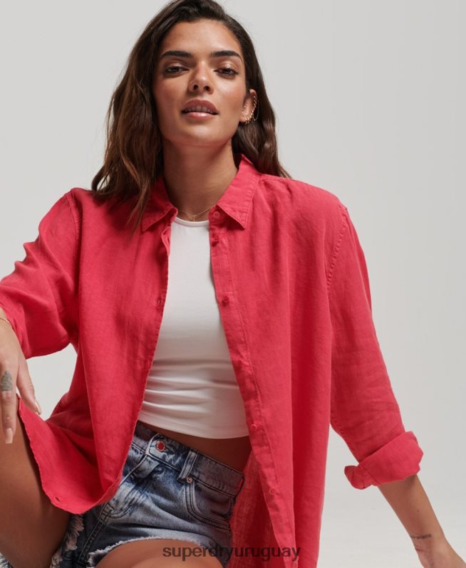 uy Superdry mujer camisa novio casual de lino rosa DT2N8Z2007 ropa