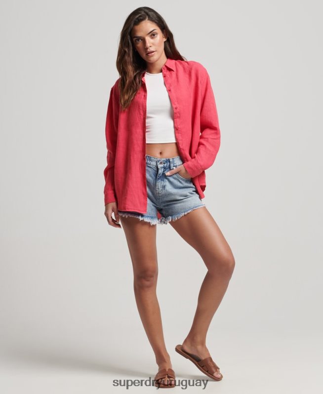 uy Superdry mujer camisa novio casual de lino rosa DT2N8Z2007 ropa