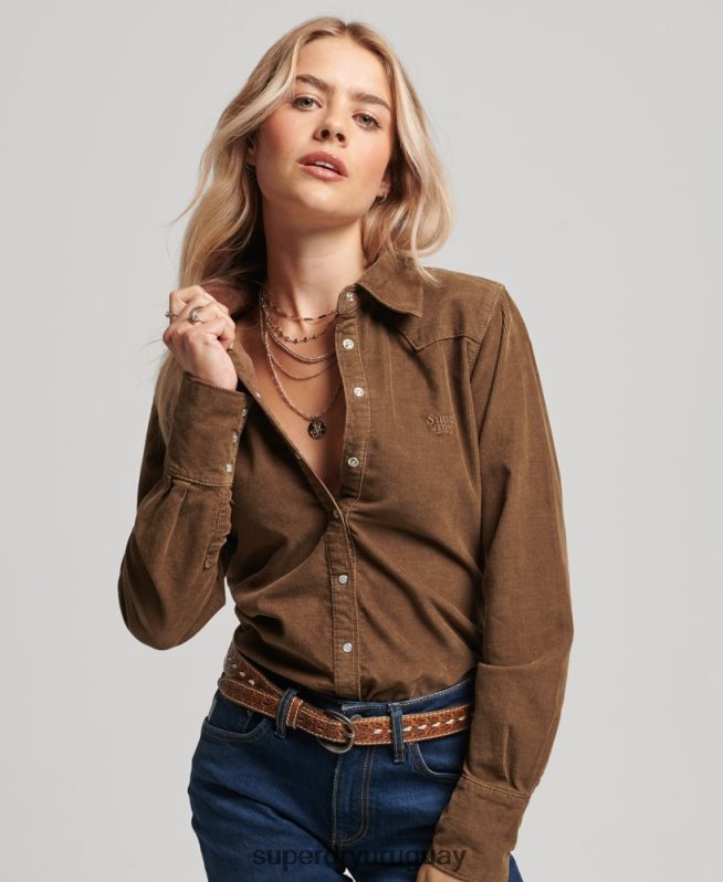 uy Superdry mujer camisa vaquera de cordón marrón DT2N8Z3038 ropa