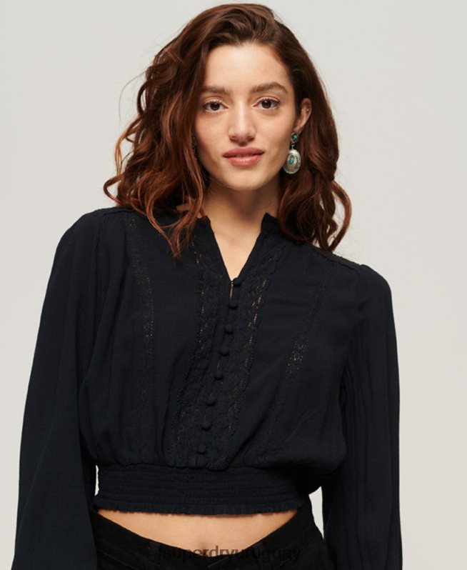 uy Superdry mujer blusa de manga larga con ribete de encaje Armada DT2N8Z2897 ropa