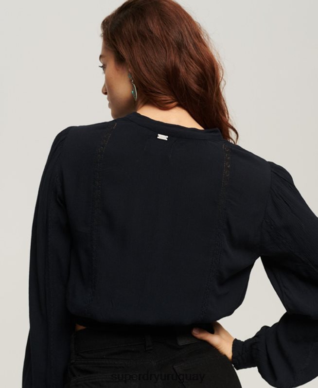 uy Superdry mujer blusa de manga larga con ribete de encaje Armada DT2N8Z2897 ropa