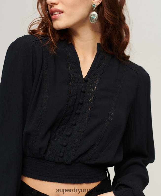 uy Superdry mujer blusa de manga larga con ribete de encaje Armada DT2N8Z2897 ropa
