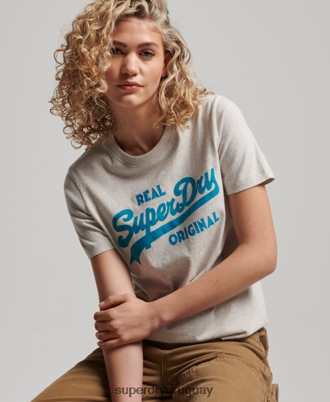 uy Superdry mujer camiseta coll de algodón orgánico con logo vintage beige DT2N8Z2671 ropa