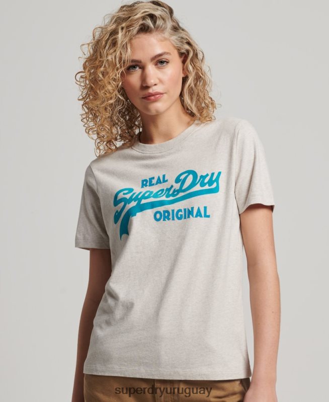 uy Superdry mujer camiseta coll de algodón orgánico con logo vintage beige DT2N8Z2671 ropa