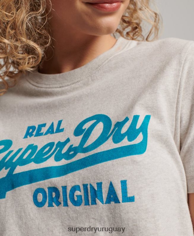 uy Superdry mujer camiseta coll de algodón orgánico con logo vintage beige DT2N8Z2671 ropa