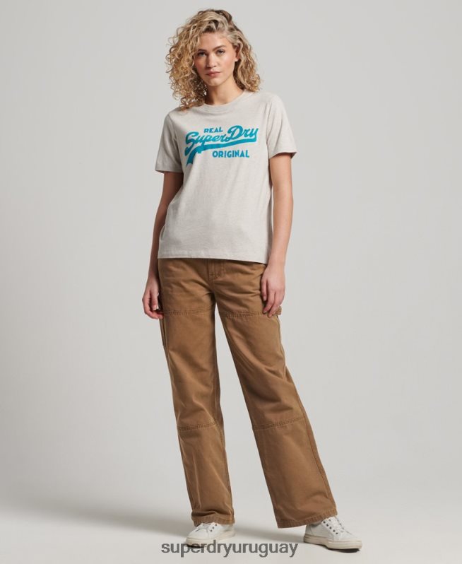 uy Superdry mujer camiseta coll de algodón orgánico con logo vintage beige DT2N8Z2671 ropa