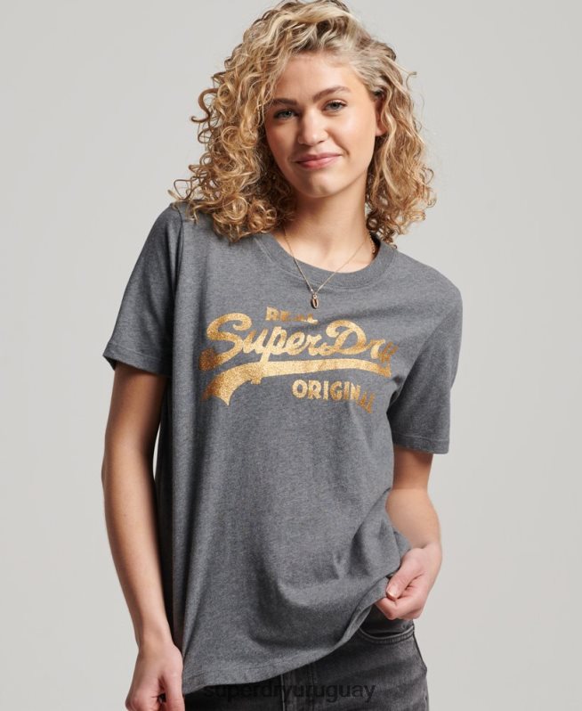 uy Superdry mujer camiseta coll de algodón orgánico con logo vintage gris DT2N8Z2249 ropa