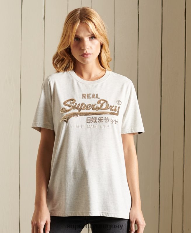uy Superdry mujer camiseta con logo vintage y brillo bohemio beige DT2N8Z6774 ropa