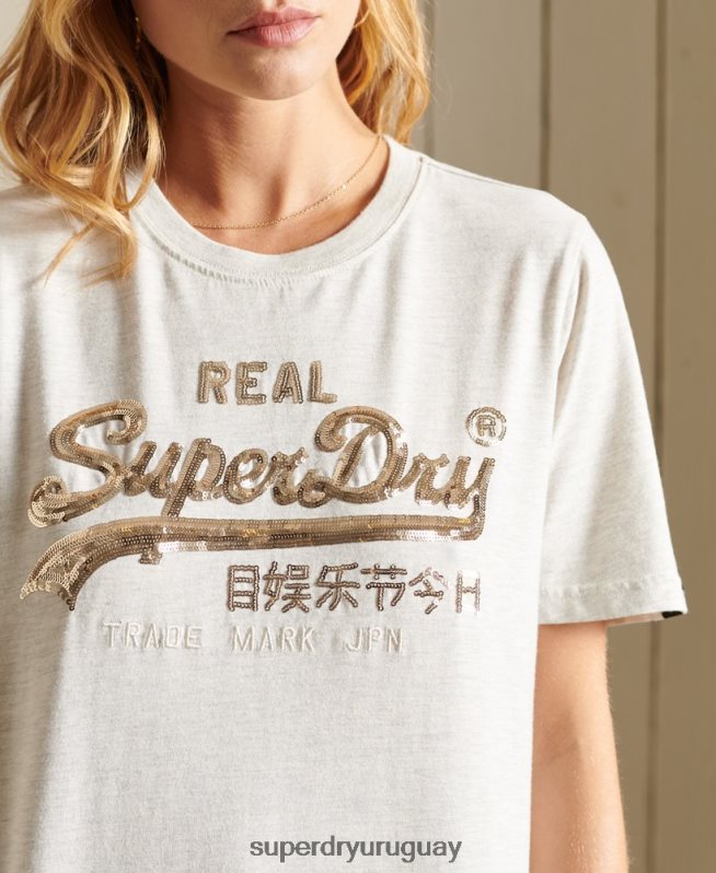 uy Superdry mujer camiseta con logo vintage y brillo bohemio beige DT2N8Z6774 ropa