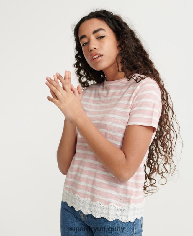 uy Superdry mujer camiseta con mezcla de encaje rosa DT2N8Z6775 ropa