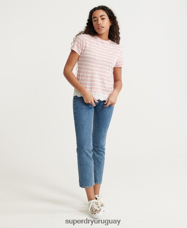 uy Superdry mujer camiseta con mezcla de encaje rosa DT2N8Z6775 ropa