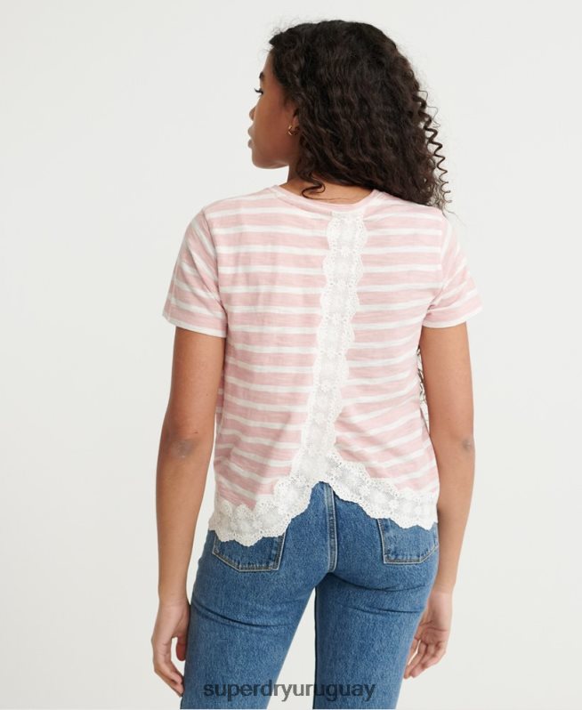 uy Superdry mujer camiseta con mezcla de encaje rosa DT2N8Z6775 ropa