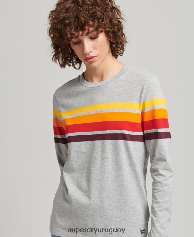 uy Superdry mujer camiseta de manga larga de algodón orgánico con rayas cali 2.0 gris claro DT2N8Z6540 ropa