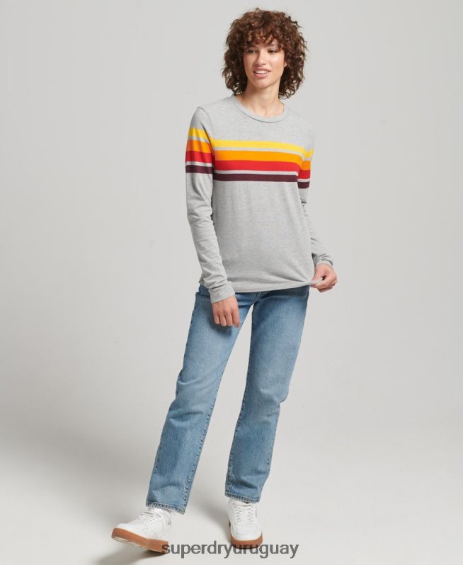 uy Superdry mujer camiseta de manga larga de algodón orgánico con rayas cali 2.0 gris claro DT2N8Z6540 ropa