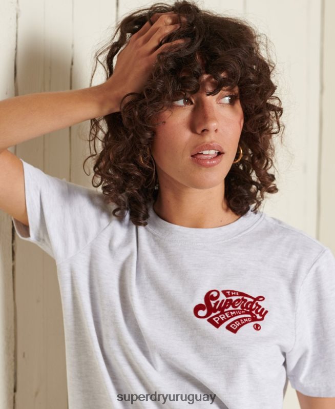 uy Superdry mujer camiseta flocada universitaria estilo script gris claro DT2N8Z2775 ropa