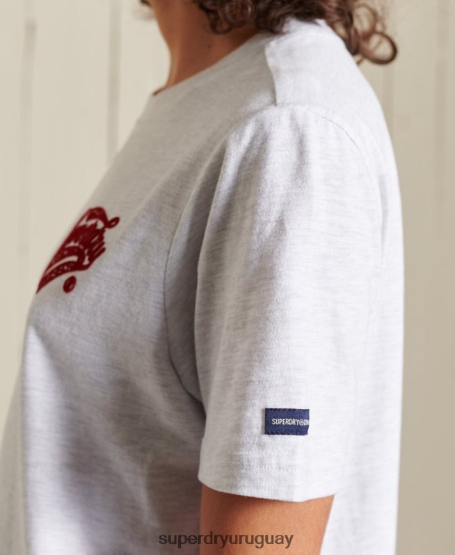 uy Superdry mujer camiseta flocada universitaria estilo script gris claro DT2N8Z2775 ropa