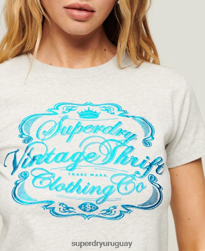 uy Superdry mujer camiseta gráfica con guión de ropa de trabajo gris claro DT2N8Z2115 ropa
