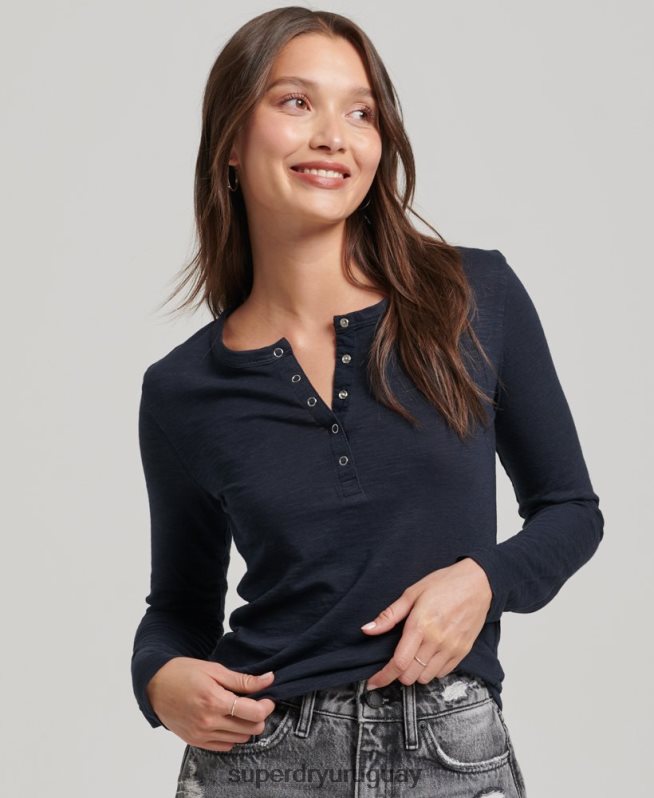 uy Superdry mujer camiseta henley de jersey flameado de manga larga Armada DT2N8Z2869 ropa