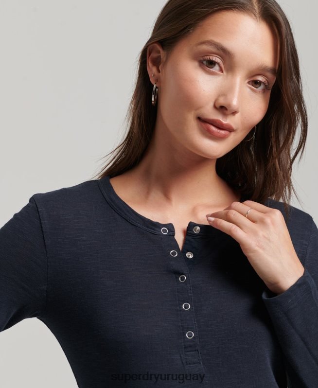 uy Superdry mujer camiseta henley de jersey flameado de manga larga Armada DT2N8Z2869 ropa